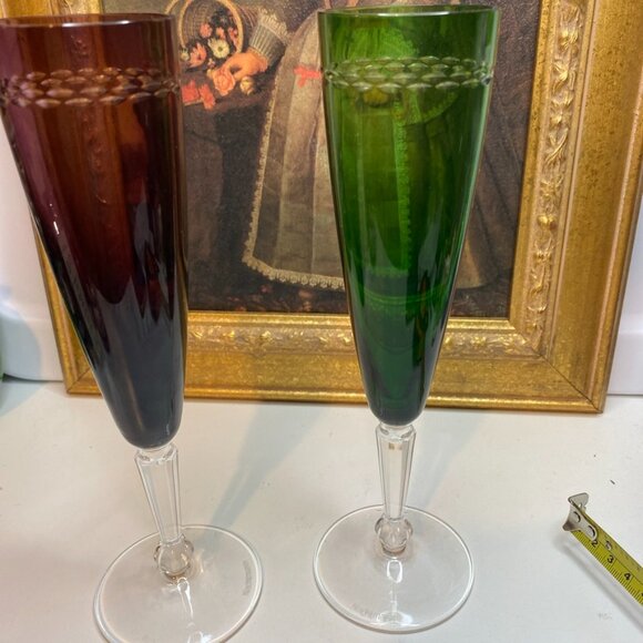 NACHTMANN Purple, GREEN CUT-TO-CLEAR CRYSTAL CHAMPAGNE FLUTES GLASSES Set Of 2 - Picture 5 of 14